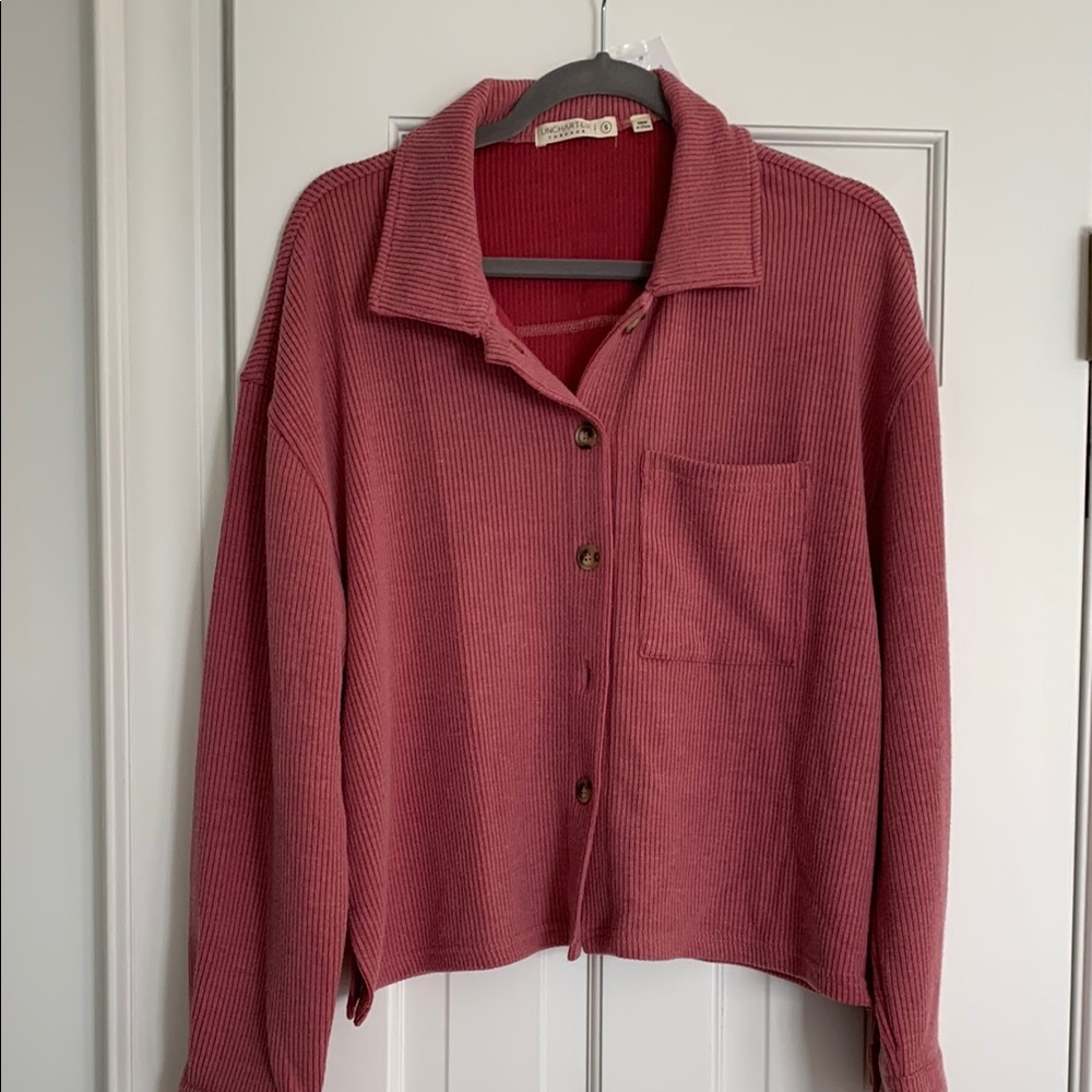 Casual Ribbed Button-Up Shirt in Deep Rose Color-  Super soft material!